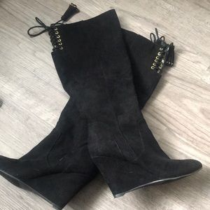 Knee high suede wedge boots